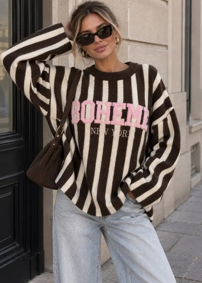 Boheme randig stickad tröja med broderi Rosa