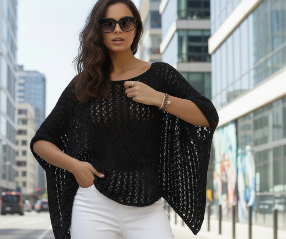 Stickad topp i poncho-stil Svart