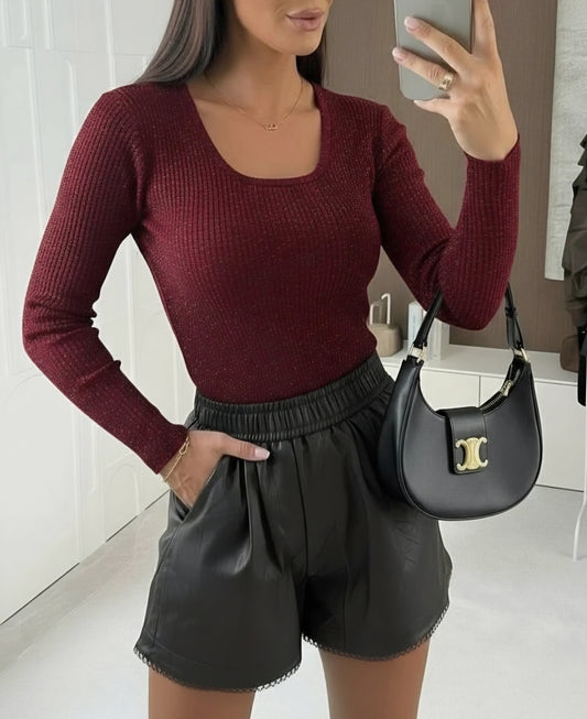 långärmad topp Glitter Vinröd