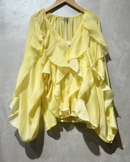 Långärmad blus med volang i lyocell Gul