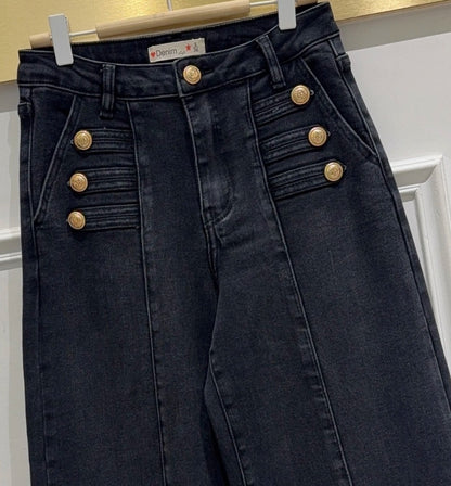 Supervida stretchjeans med gyllene knappar Antracit grå