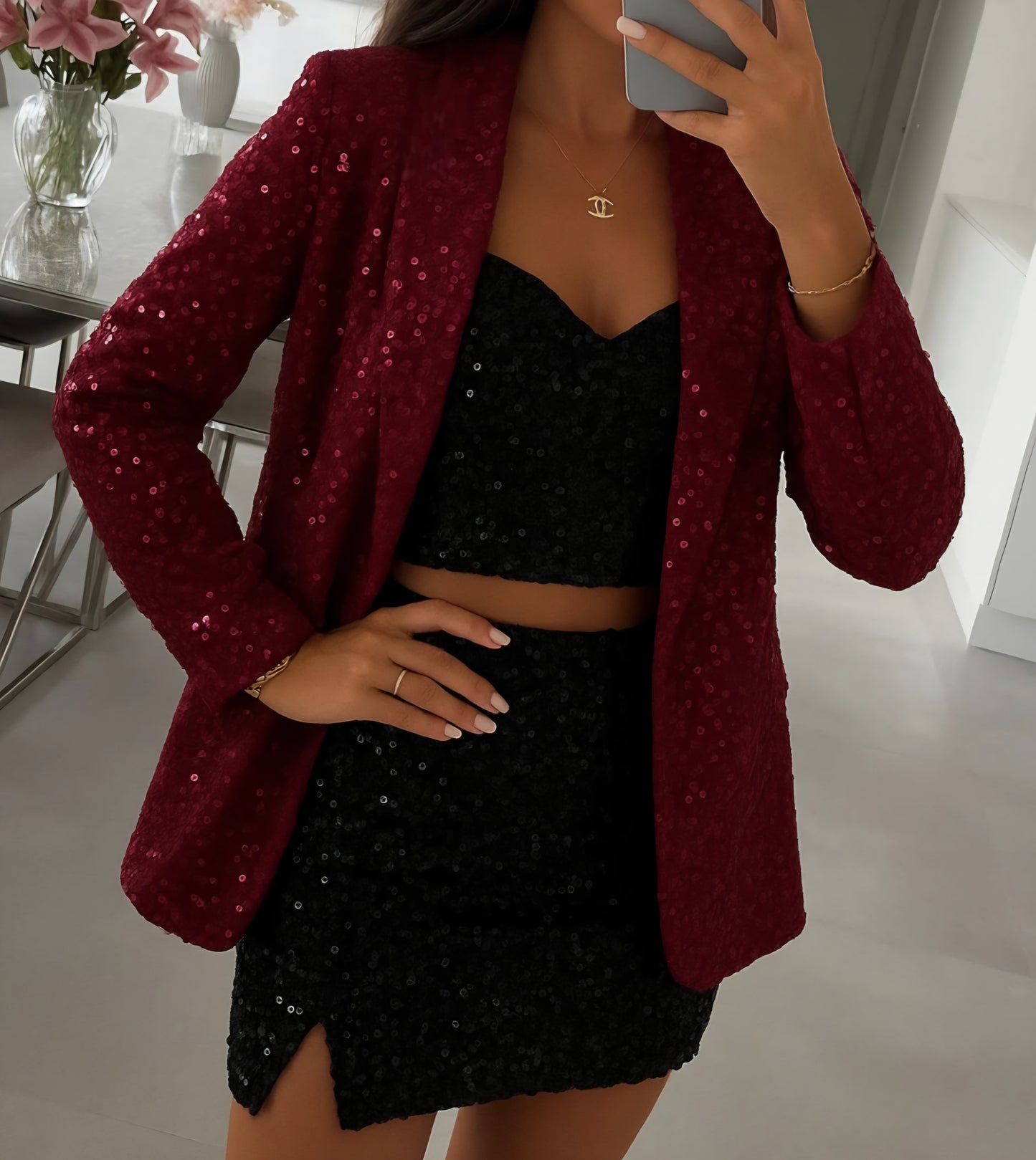 Paljettkavaj med foder Vinröd