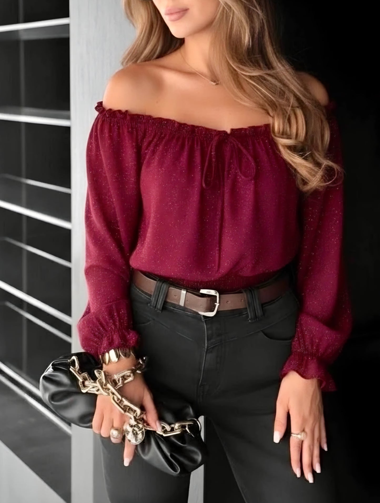 Topp paljettdetaljer i chiffongeffekt Vinröd