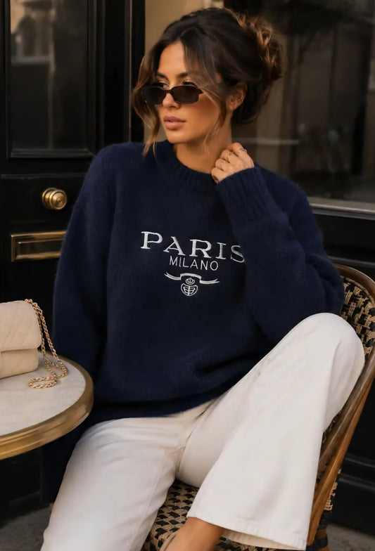 Mjuk stickad tröja med broderi, Paris Milano Marinblå