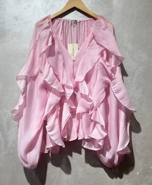 Långärmad blus med volang i lyocell Rosa