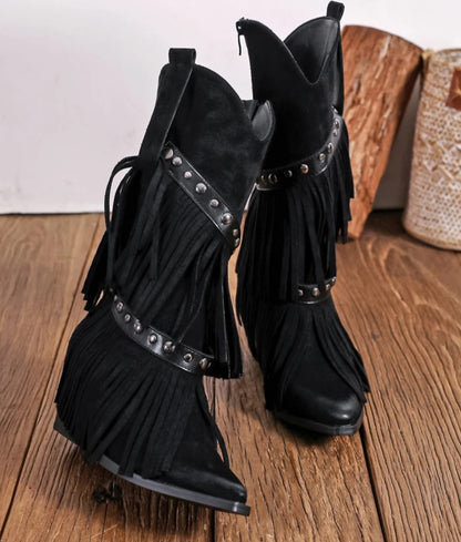 Fransiga cowboystövlar, avtagbara fransar Svart