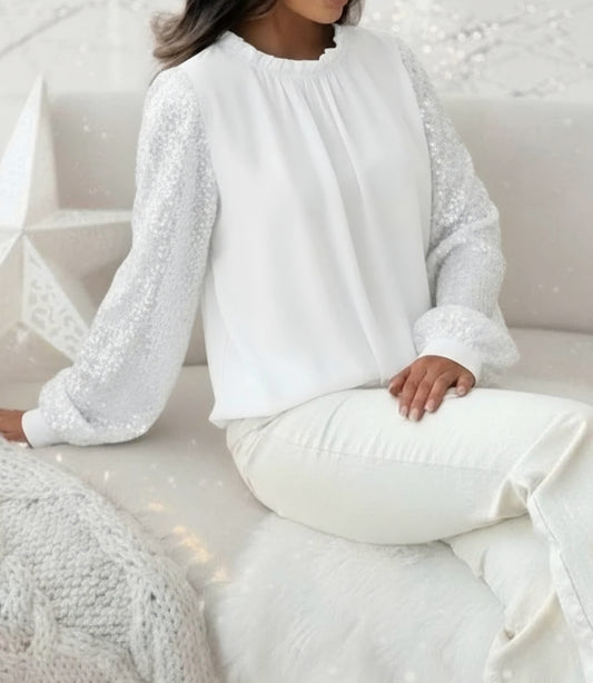 Blus med rynkad krage Vit, paljettärmar och viskosfoder