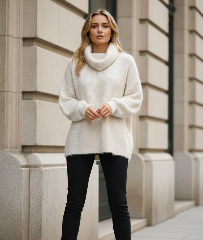Grovstickad polotröja Ljusbeige