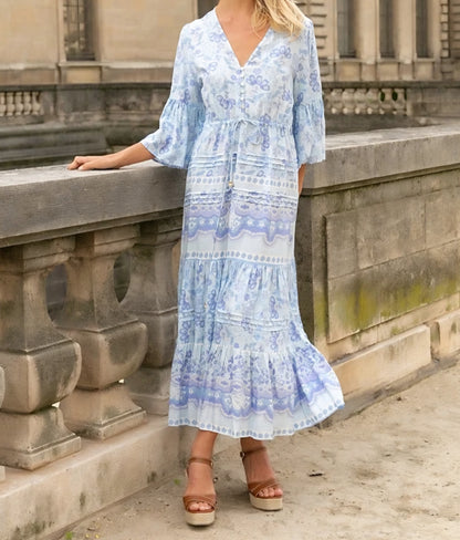 Lång blommig klänning Blå