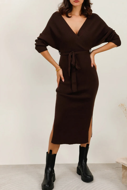 Omlottklänning med skärp Brun