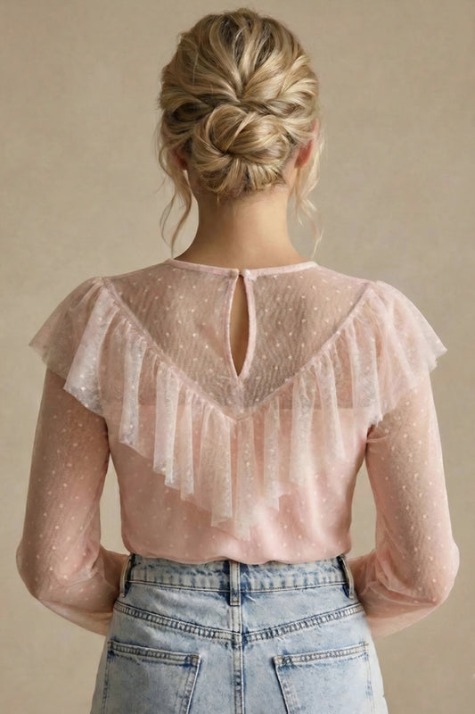 Topp – V-ringad Volang och Prickig Tyll Rosa