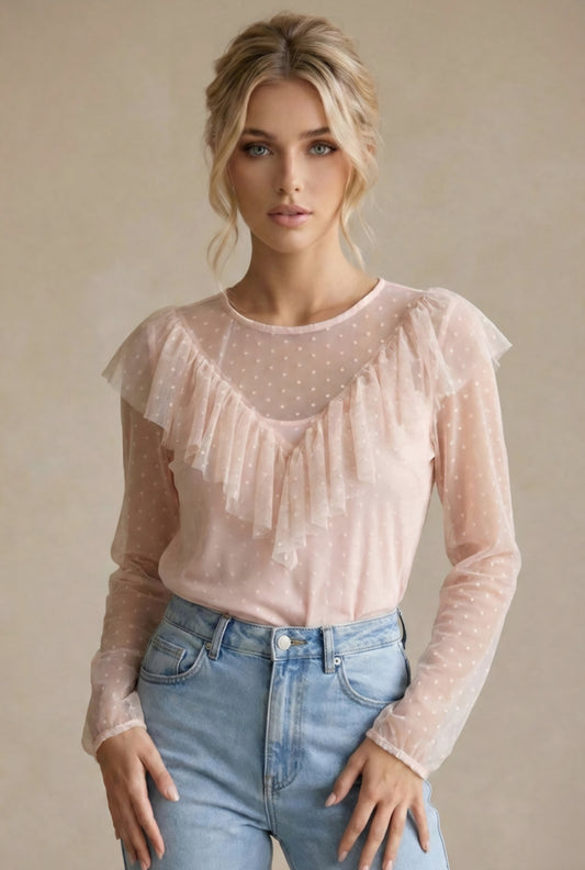 Topp – V-ringad Volang och Prickig Tyll Rosa