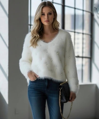 Fluffig tröja med strass Vit