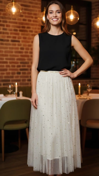 Mellanlång tyllkjol med stjärnor Offwhite