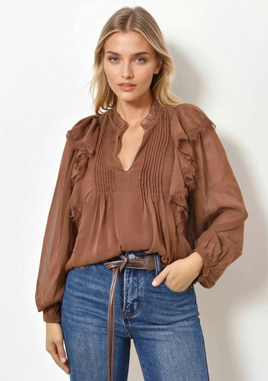 Blus med volanger Brun