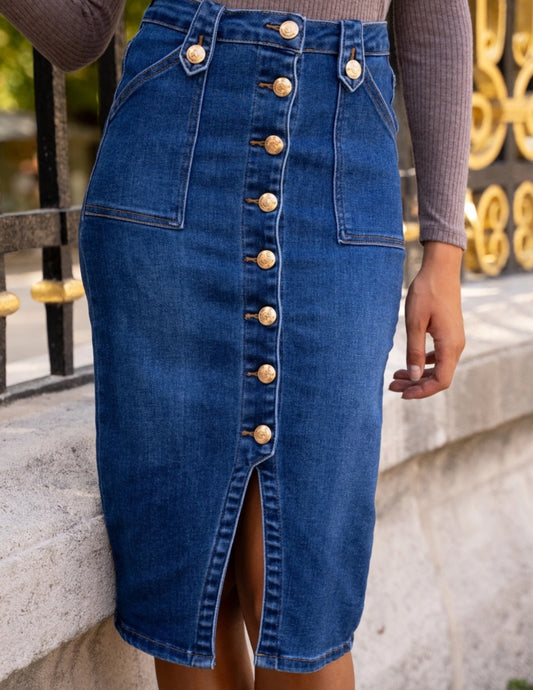 Stretchig denimkjol med slits Mörkblå