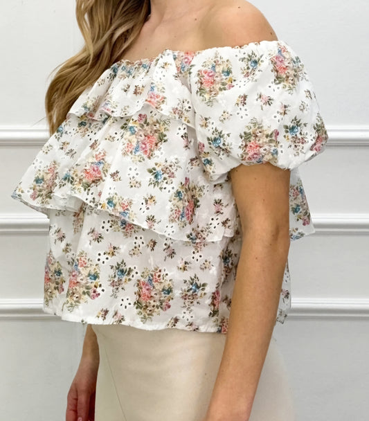 OFF-SHOULDER TOPP Blommig Vit
