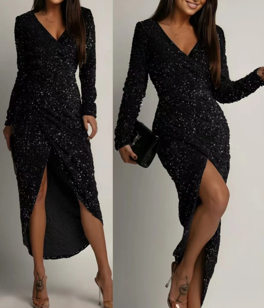 Lång paljettklänning med långa ärmar Svart