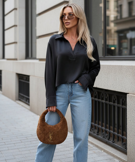 Blus satineffekt och skjortkrage Svart