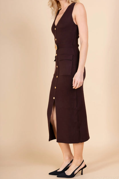 Klänning med knappar Brun