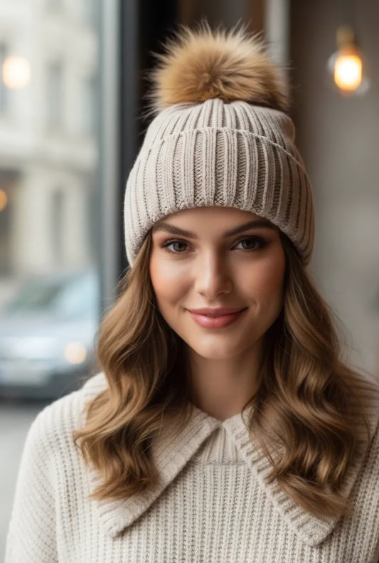 Mössa med pompon Beige