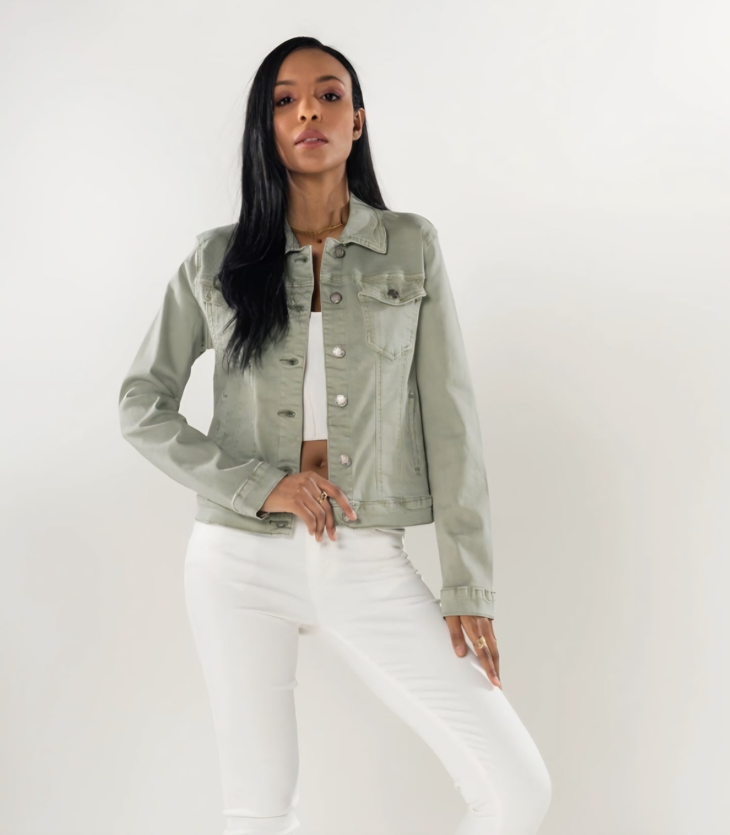 Klassisk stretch jeansjacka Grön