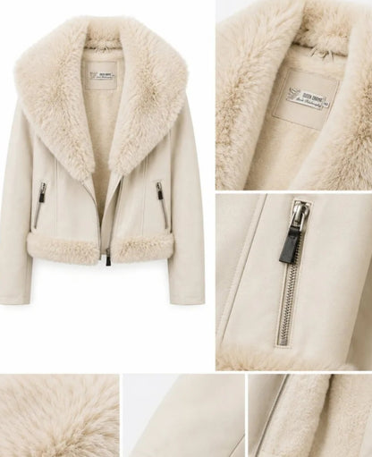 Kort jacka i konstläder med fuskpälskrage Beige