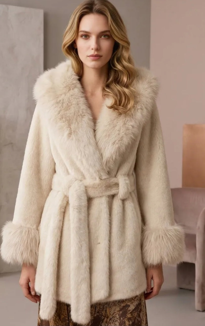 Fuskpälsjacka Zina med huva Beige