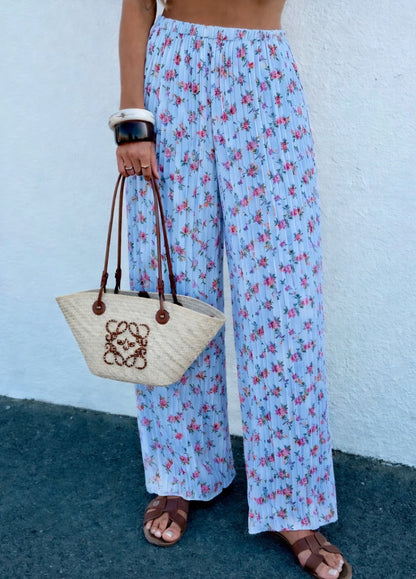 Plisserade blommiga byxor med innerfoder Blå