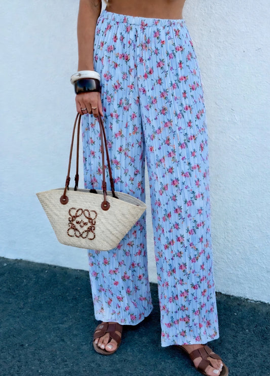 Plisserade blommiga byxor med innerfoder Blå