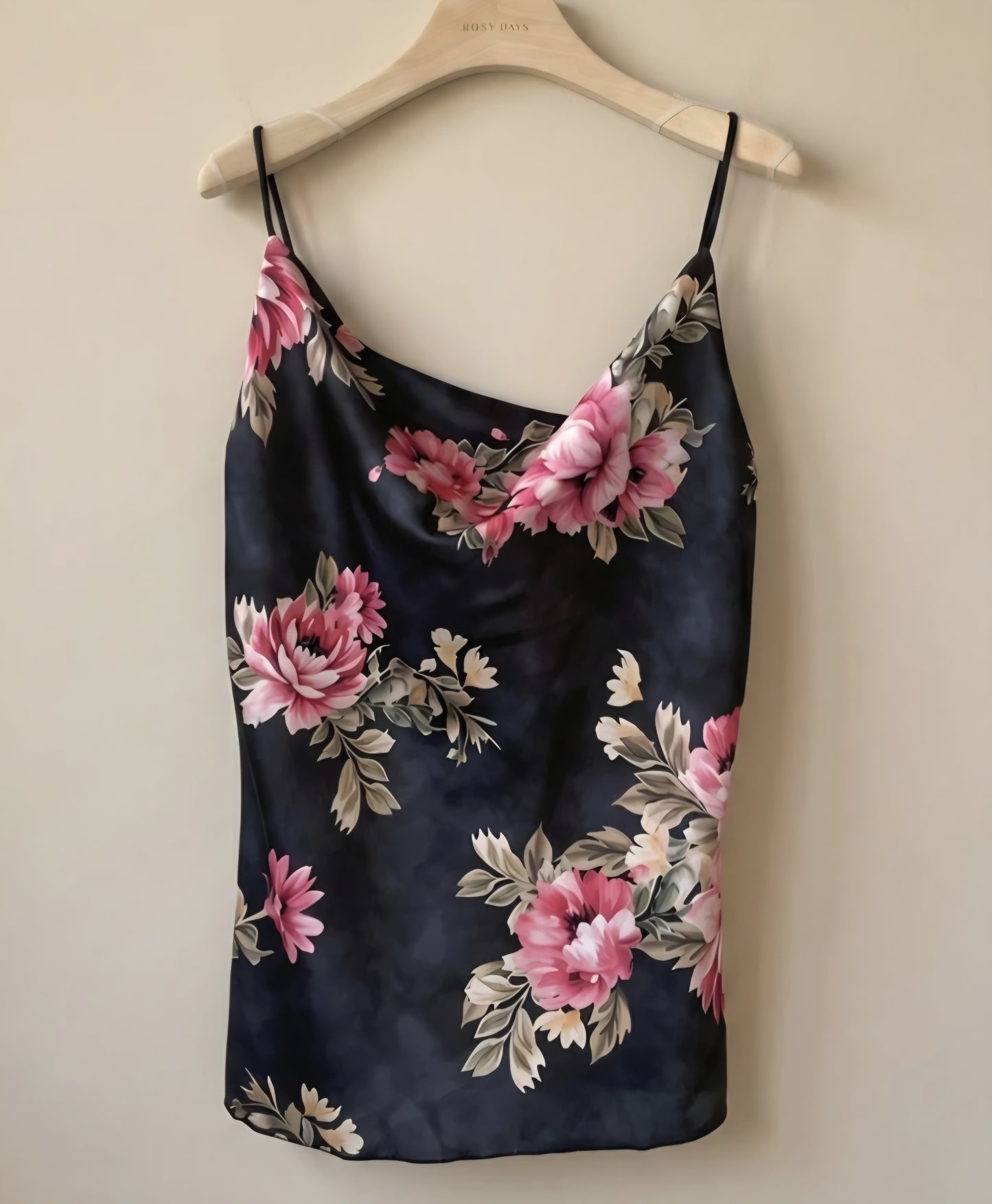 Satin topp med blommönster Svart