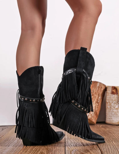 Fransiga cowboystövlar, avtagbara fransar Svart