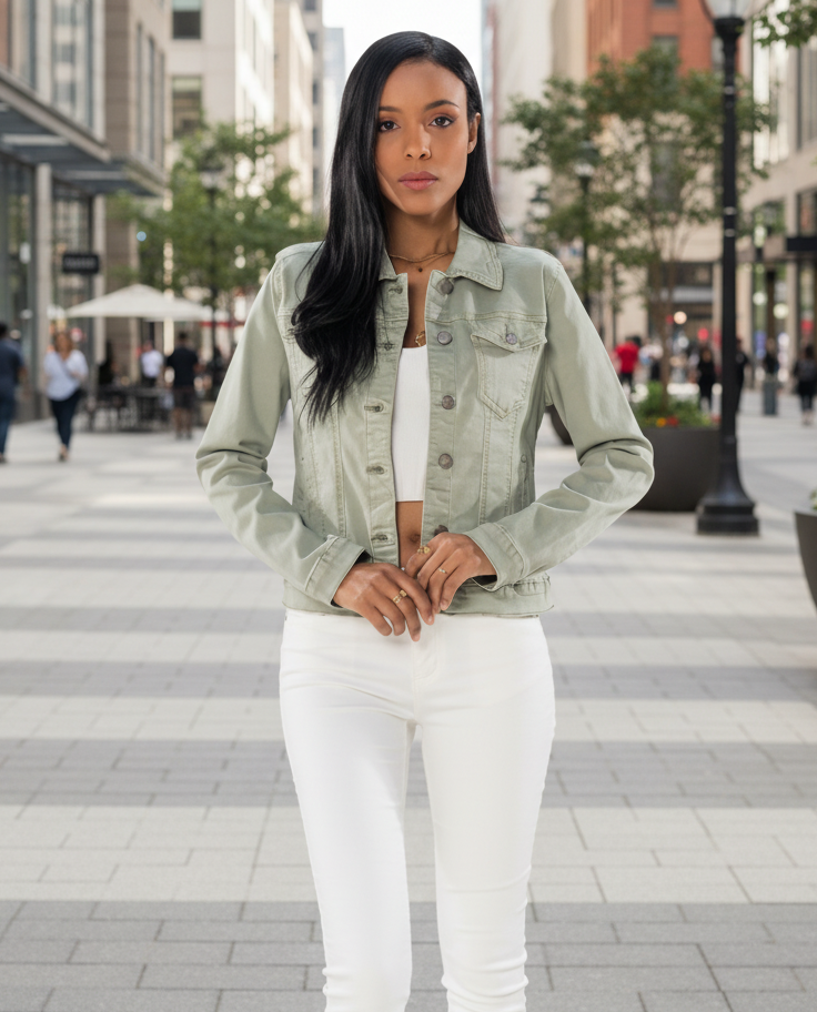 Klassisk stretch jeansjacka Grön