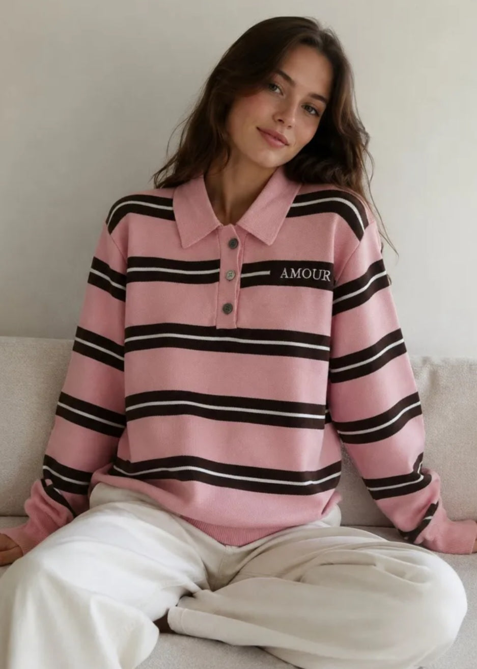 Randig pikétröja med kärlek Rosa
