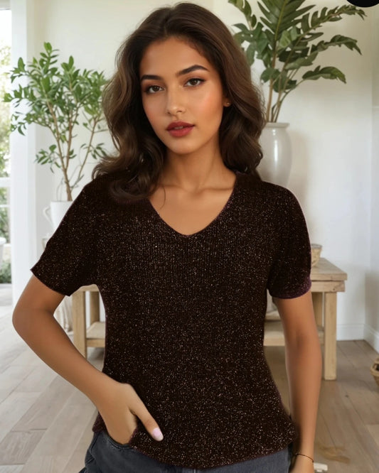 Ultrastretchig Brun finstickad t-shirt med silverfärgad lurex
