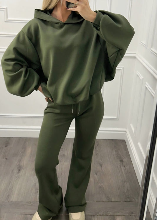 Set, Snygg sweatshirt med huva och utsvängda byxor Grön