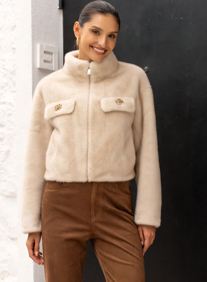 Kort fuskpälsjacka med hög krage Beige