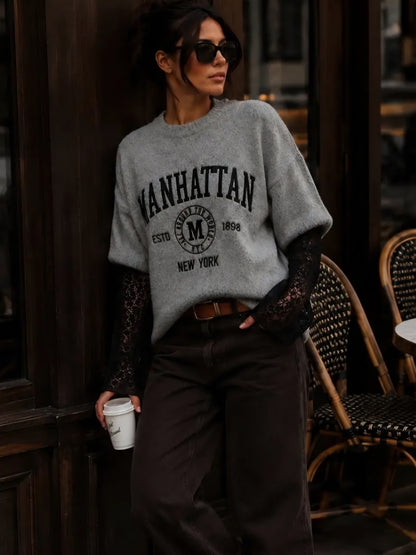 Tröja med bouclé-effekt i Manhattan, Spetsarm Grå