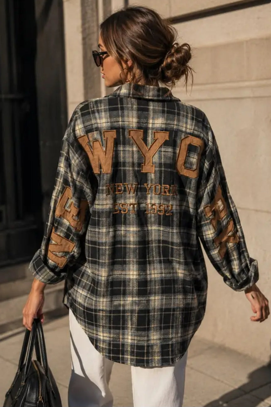 Överdimensionerad rutig skjorta med New york klubbbroderi Blå