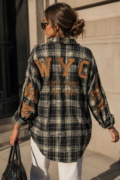 Överdimensionerad rutig skjorta med New york klubbbroderi Blå