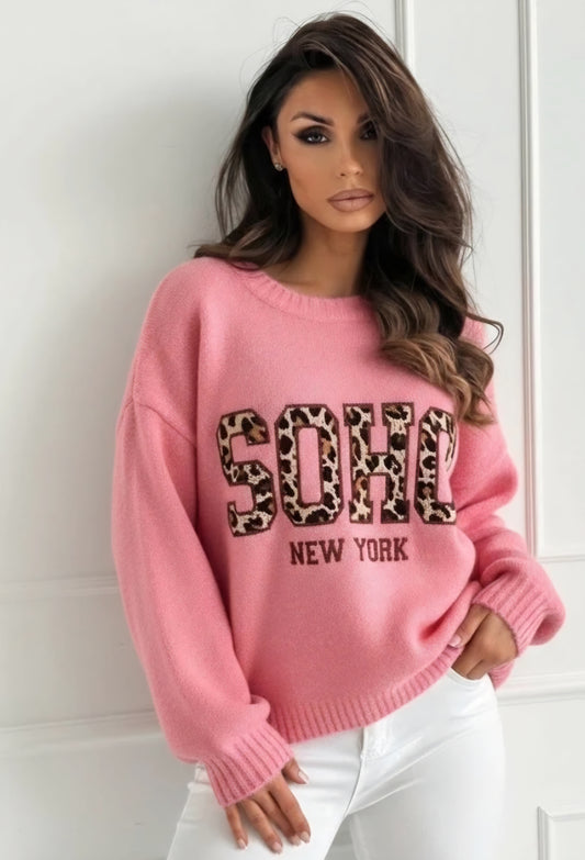 SOHO New York – Rosa Leopardmönstrad tröja Alpacka
