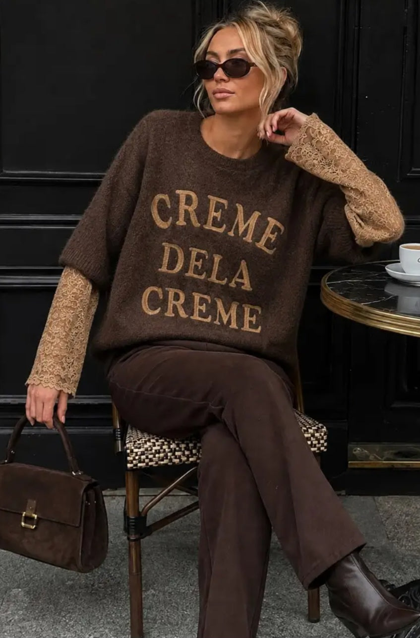 Tröja med bouclé-effekt i Cream, Spetsarm Mörkbrun