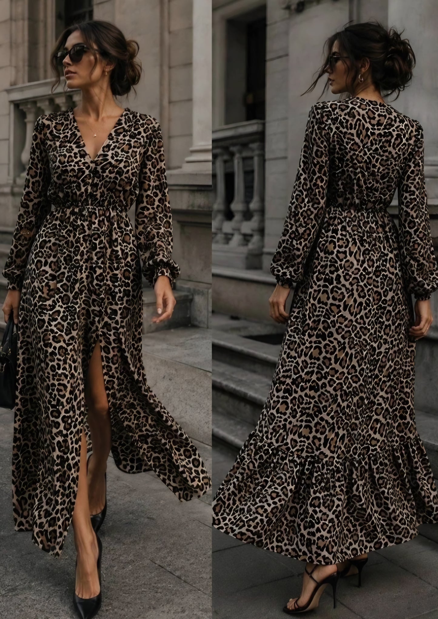 Lång mönstrad V-ringad klänning Leopard