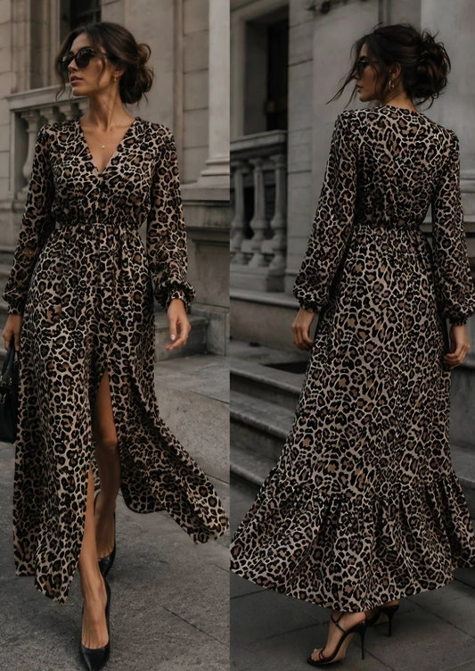 Lång mönstrad V-ringad klänning Leopard