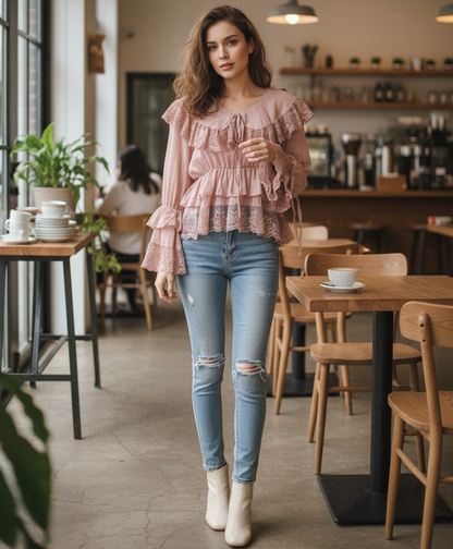 Blus med spetskrage Dystypink