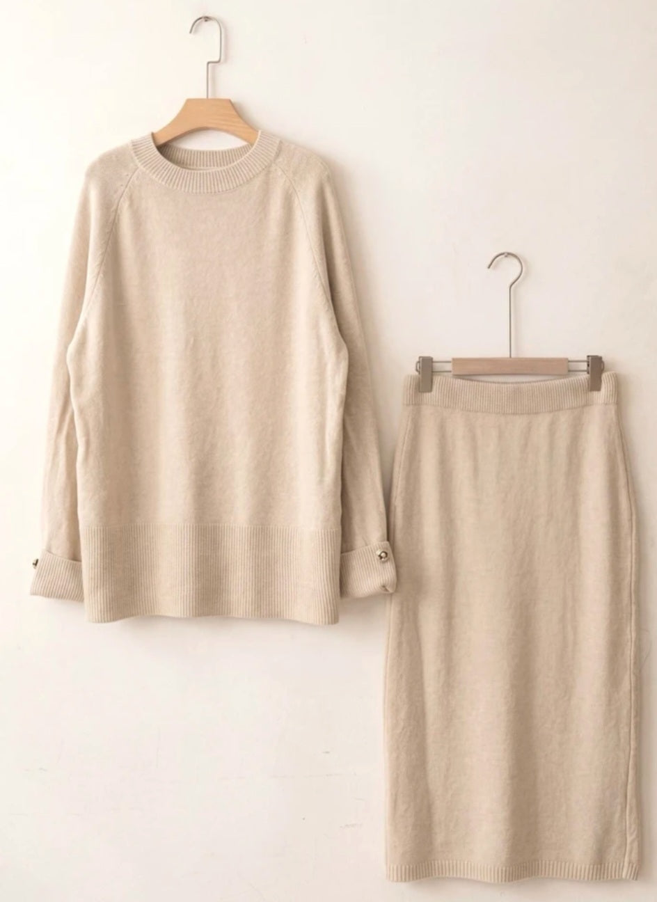 Set, Kjol+Tröja knappdetalj Beige