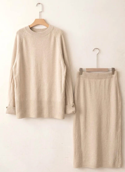 Set, Kjol+Tröja knappdetalj Beige