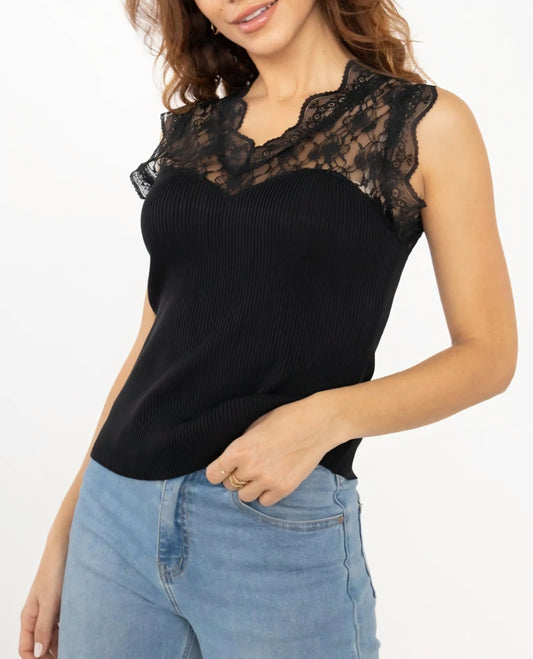 Ribbad topp Spets Svart
