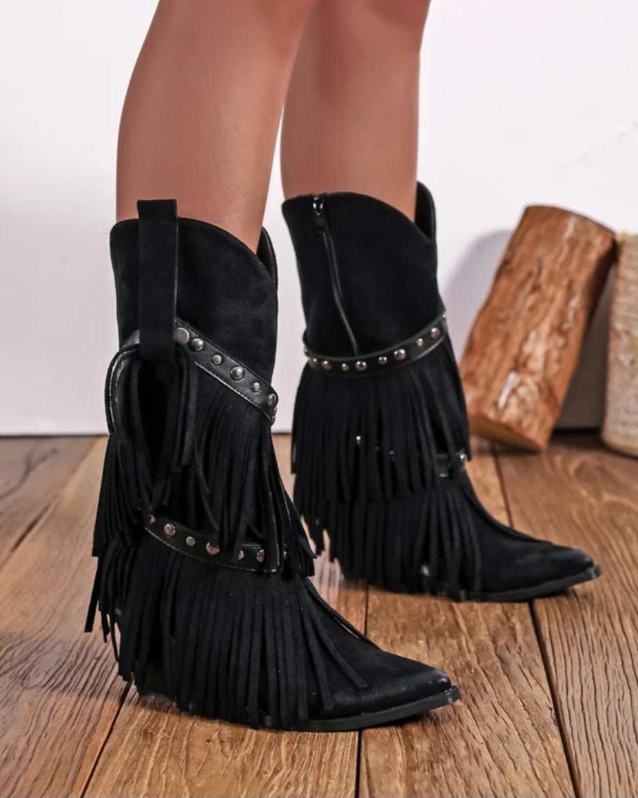 Fransiga cowboystövlar, avtagbara fransar Svart