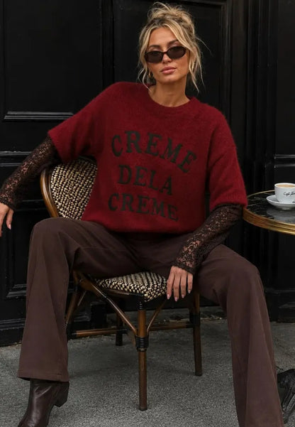 Tröja med bouclé-effekt i Cream, Spetsarm Röd
